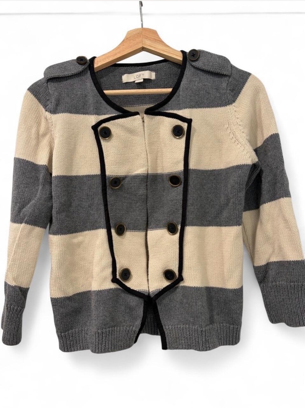 LOFT Kids' Striped Double-Breasted Cardigan Jacket in Beige and Gray